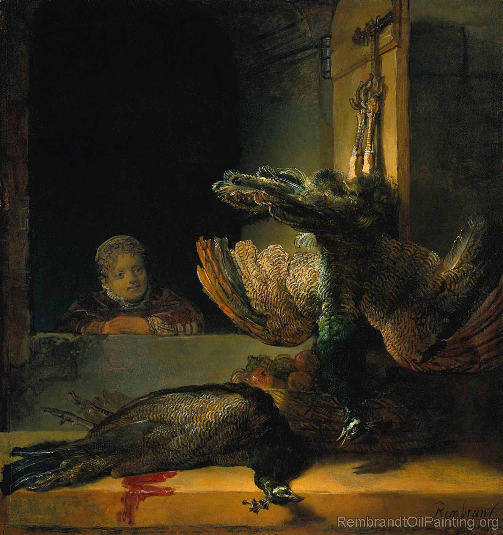 Still life with two Peacocks and a Girl